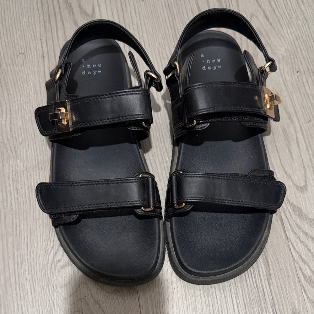 A New Day Black Sandals with Gold Accents